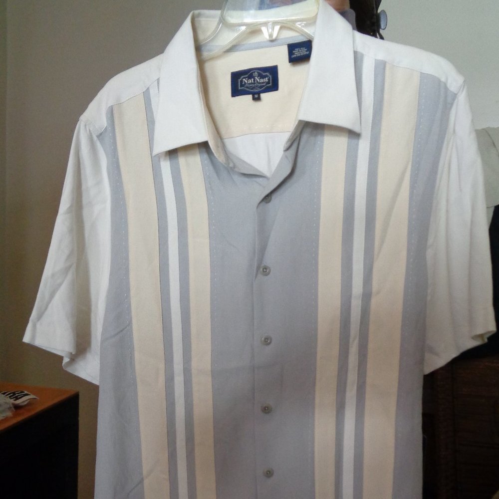 New + Tag! NAT NAST White + Khaki & Gray Stripes! Short Sleeve 100% Silk Medium